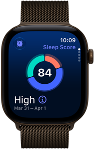 Apple Watch Series 12 med urkasse i aluminium i farven mørk bronze, Søvnkvalitet med cirkeldiagram, Digital Crown og Milanorem i farven mørk bronze