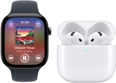Apple Watch Series 12 med urkasse i sort aluminium, sort Sportsrem, Apple Music-appen åben og AirPods 4 tilsluttet