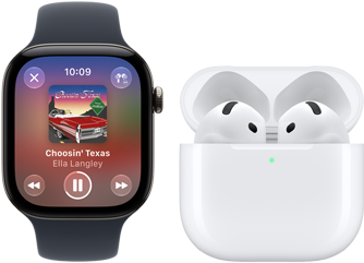 Apple Watch Series 12 med urkasse i sort aluminium, sort Sportsrem, Apple Music-appen åben og AirPods 4 tilsluttet