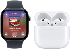 Apple Watch Series 12 med urkasse i sort aluminium, sort Sportsrem, Apple Music-appen åben og AirPods 4 tilsluttet