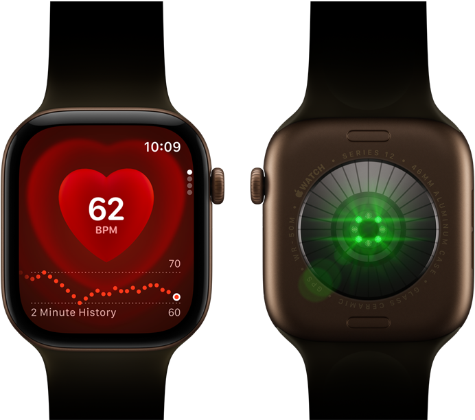 To Apple Watch Series 12-enheder med urkasse i aluminium i farven mørk bronze og Sportsrem i olivengrøn. Den ene viser Puls-appen, den anden viser sundhedsmålingssystemet med glødende grønne LED-lamper på bagsiden af uret