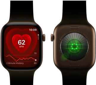 To Apple Watch Series 12-enheder med urkasse i aluminium i farven mørk bronze og Sportsrem i olivengrøn. Den ene viser Puls-appen, den anden viser sundhedsmålingssystemet med glødende grønne LED-lamper på bagsiden af uret