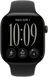 Apple Watch Series 12 med urkasse i sort aluminium, kunstbaggrund i bevægelse på urskiven, sort Sportsrem