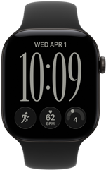 Apple Watch Series 12 med urkasse i sort aluminium, kunstbaggrund i bevægelse på urskiven, sort Sportsrem