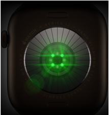 Apple Watch Series 12 vist bagfra, urkasse i aluminium i farven mørk bronze, flere runde sensorer med glødende grønne LED-lamper, Digital Crown i venstre side, Sportsrem i olivengrøn