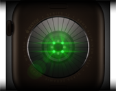 Apple Watch Series 12 vist bagfra, urkasse i aluminium i farven mørk bronze, flere runde sensorer med glødende grønne LED-lamper, Digital Crown i venstre side, Sportsrem i olivengrøn