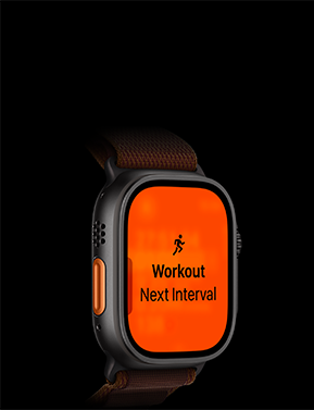 Apple Watch Ultra 4 med urkasse i sort titanium, træningstypen Løb og næste interval, orange Handlingsknap i venstre side, Alpine Loop-rem