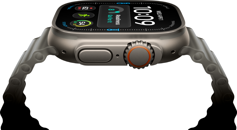 Apple Watch Ultra 4 med urkasse i titanium i farven naturlig, digital urskive, komplikationer: kapacitet, puls, Træninger, temperatur, Digital Crown og hævet sideknap i højre side, Ocean-rem i farven halvtransparent grå