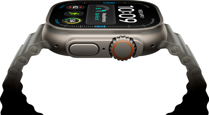 Apple Watch Ultra 4 med urkasse i titanium i farven naturlig, digital urskive, komplikationer: kapacitet, puls, Træninger, temperatur, Digital Crown og hævet sideknap i højre side, Ocean-rem i farven halvtransparent grå