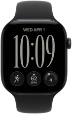 Apple Watch Series 12 med urkasse i sort aluminium, kunstbaggrund i bevægelse på urskiven, sort Sportsrem