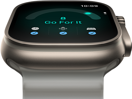 Apple Watch Ultra 4 med urkasse i titanium i farven naturlig, kapacitetsscore på 8, Digital Crown og hævet sideknap i højre side, Ocean-rem i farven halvtransparent grå