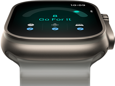 Apple Watch Ultra 4 med urkasse i titanium i farven naturlig, kapacitetsscore på 8, Digital Crown og hævet sideknap i højre side, Ocean-rem i farven halvtransparent grå