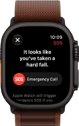 Apple Watch Ultra 4 med urkasse i sort titanium, satellitforbindelse, Digital Crown og hævet sideknap i højre side, Alpine Loop-rem i farven bordeaux