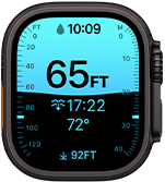 Apple Watch Ultra 4 med urkasse i sort titanium, Dybde-appen viser målinger for dykning, Digital Crown og hævet sideknap i højre side