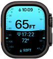 Apple Watch Ultra 4 med urkasse i sort titanium, Dybde-appen viser målinger for dykning, Digital Crown og hævet sideknap i højre side
