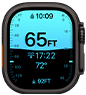 Apple Watch Ultra 4 med urkasse i sort titanium, Dybde-appen viser målinger for dykning, Digital Crown og hævet sideknap i højre side