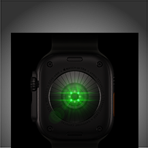 Apple Watch Ultra 4 med urkasse i sort titanium, vist bagfra, talrige runde sensorer med glødende grønne LED-indikatorer