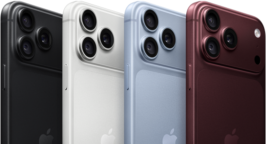iPhone 18 Pro-enheder på række vist bagfra i alle fire farver: bordeaux, gletsjerblå, sølv og sort, Pro Fusion-kamerasystem i øverste venstre hjørne, tre objektiver, mikrofon, blitz