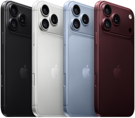 iPhone 18 Pro-enheder på række vist bagfra i alle fire farver: bordeaux, gletsjerblå, sølv og sort, Pro Fusion-kamerasystem i øverste venstre hjørne, tre objektiver, mikrofon, blitz