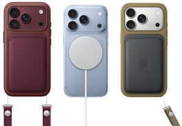 iPhone 18 Pro i bordeaux vist bagfra med FineWoven-kortholder med MagSafe i bordeaux, iPhone 18 Pro i gletsjerblå vist bagfra med MagSafe-batteri og iPhone 18 Pro i farven sølv vist bagfra med silikone-etui i grøn og MagSafe-oplader
