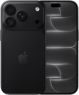 iPhone 18 Pro i sort vist bagfra med Pro Fusion-kamerasystem øverst og Apple-logo i midten og vist forfra med skærm fra kant til kant