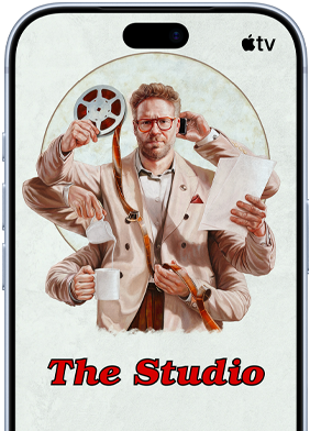 iPhone 18 Pro vist forfra, skærmen viser Apple TV+-serien “The Studio"