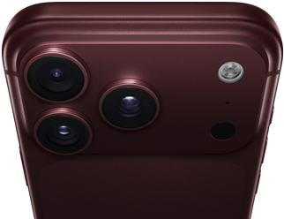 iPhone 18 Pro Max i farven bordeaux (mørkerød) vist bagfra med Pro Fusion-kamerasystem øverst, tre objektiver, de variable blændelameller delvist lukkede, blitz, mikrofon og LiDAR-scanner, og vist ovenfra med mobilantenne, flade sider og afrundede hjørner