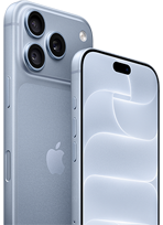iPhone i gletsjerblå (lyseblå), på bagsiden vises Ceramic Shield og tredobbelt kamerasystem