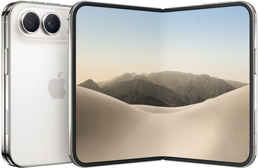 Sammenfoldet iPhone Duo i stjernehvid vist bagfra med Fusion-dobbeltkamerasystem øverst til venstre og Apple-logo i midten. Udfoldet inderskærm fra kant til kant med afrundede hjørner