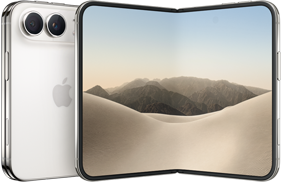 Sammenfoldet iPhone Duo i stjernehvid vist bagfra med Fusion-dobbeltkamerasystem øverst til venstre og Apple-logo i midten. Udfoldet inderskærm fra kant til kant med afrundede hjørner