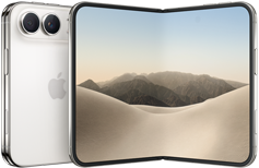 Sammenfoldet iPhone Duo i stjernehvid vist bagfra med Fusion-dobbeltkamerasystem øverst til venstre og Apple-logo i midten. Udfoldet inderskærm fra kant til kant med afrundede hjørner