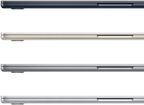 Fire MacBook Air-bærbare viser de tilgængelige farver: midnat, stjerneskær, space grey og sølv