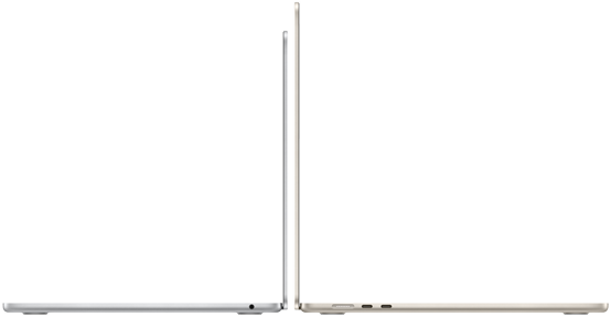 Åbne 13" og 15" MacBook Air-modeller, som står med bagsiden mod hinanden