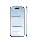 iPhone Air i himmelblå vist forfra, Dynamic Island øverst i midten. Vist fra siden, meget tynd profil, sideknap, knappen Kamerabetjening