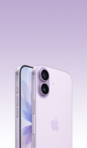 iPhone 17 i farven lavendel vist forfra og skråt bagfra med Fusion-dobbeltkamerasystem øverst og knappen Kamerabetjening. Forside med skærm fra kant til kant, Handlingsknap, lydstyrkeknapper og sideknap