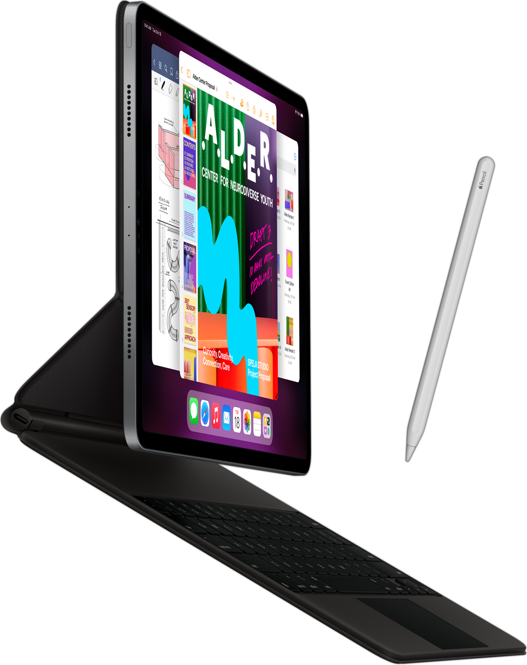 iPad Pro set fra siden med Smart Keyboard Folio monteret og Apple Pencil