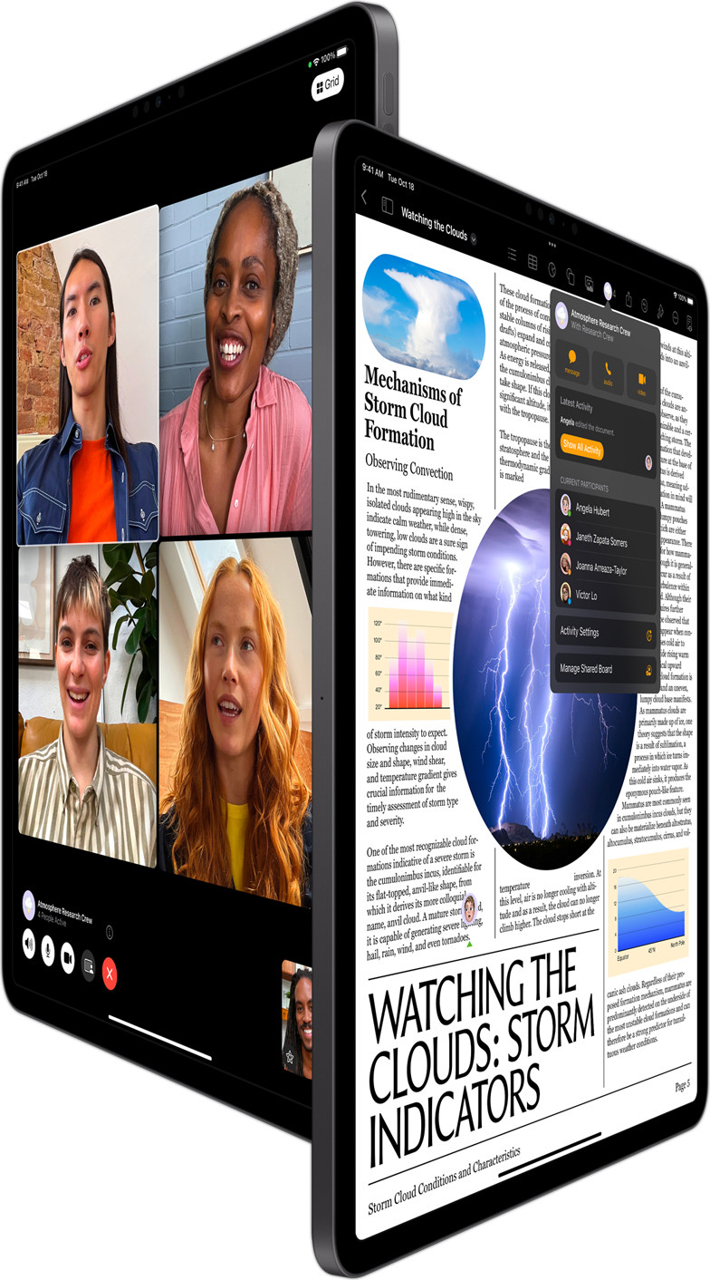 To iPad Pro-enheder viser FaceTime-gruppeopkald og Samarbejde i Pages