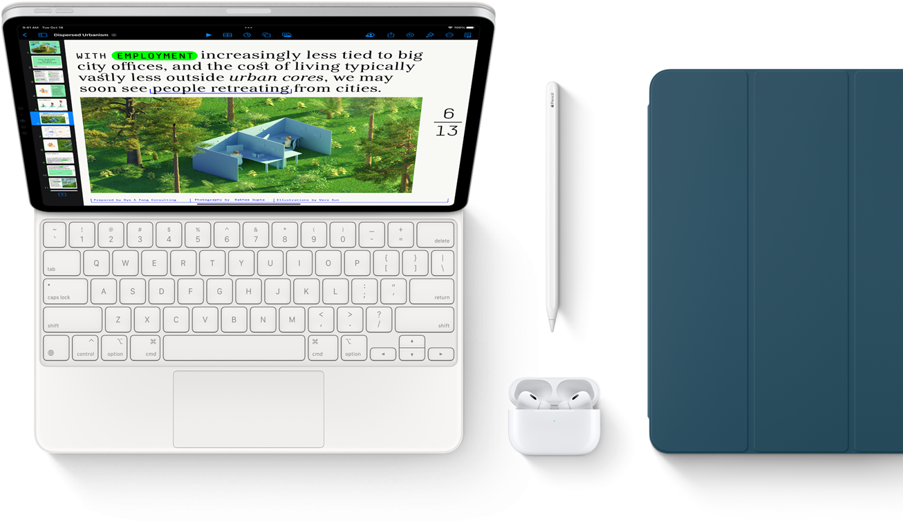 Smart Keyboard Folio, Apple Pencil, AirPods Pro og marineblåt iPad-cover