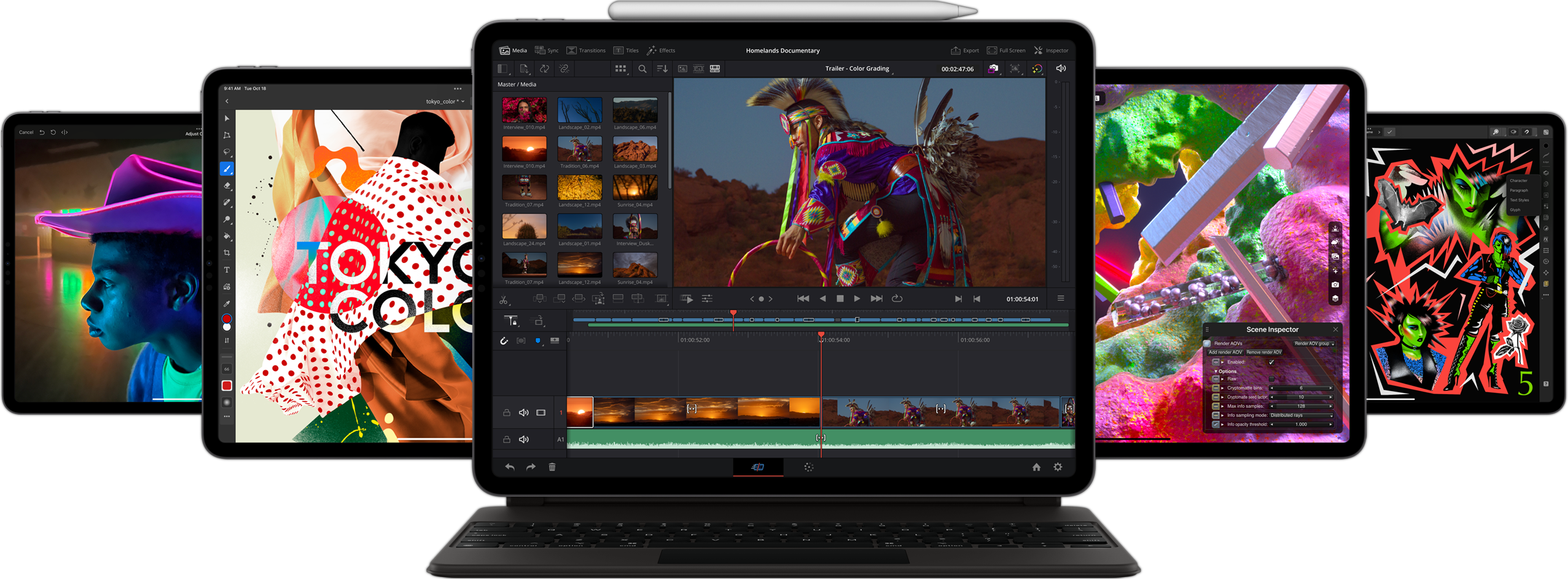 En iPad Pro set forfra med Smart Keyboard Folio og Apple Pencil fastgjort øverst, der viser appen DaVinci Resolve til iPad. I baggrunden ses andre iPad-enheder