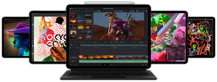 En iPad Pro set forfra med Smart Keyboard Folio og Apple Pencil fastgjort øverst, der viser appen DaVinci Resolve til iPad. I baggrunden ses andre iPad-enheder