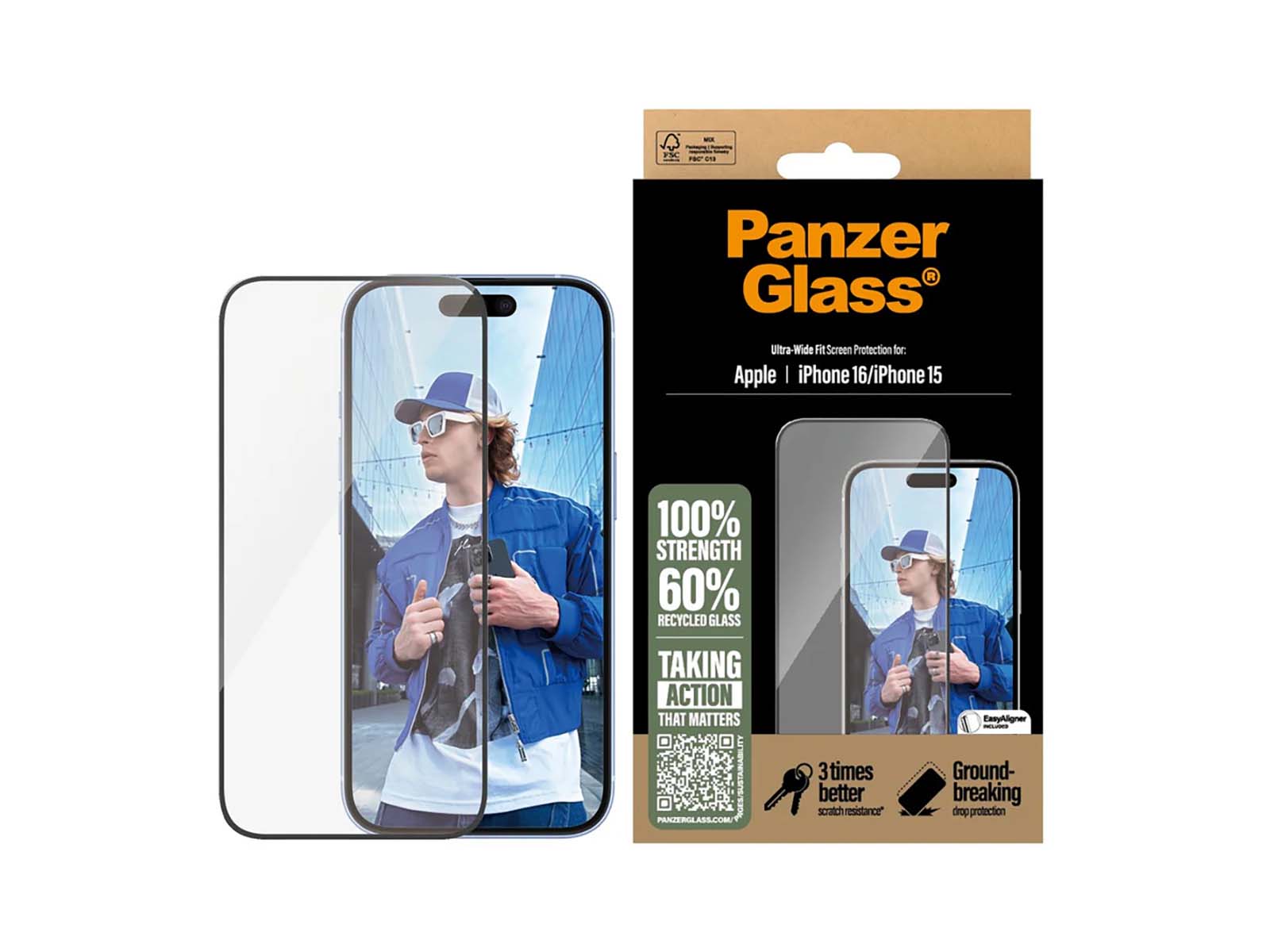 PanzerGlass Skærmbeskyttelse iPhone 16 & 15 - Ultra-Wide Fit